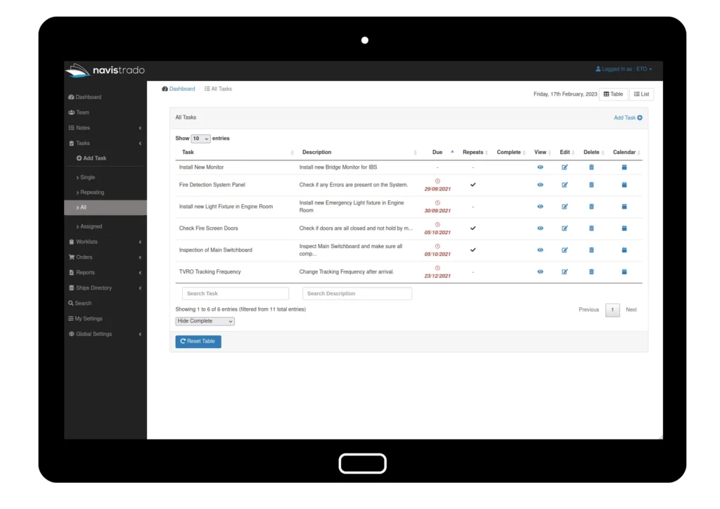 View Tasks table