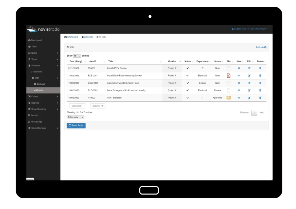 Jobs displayed in table